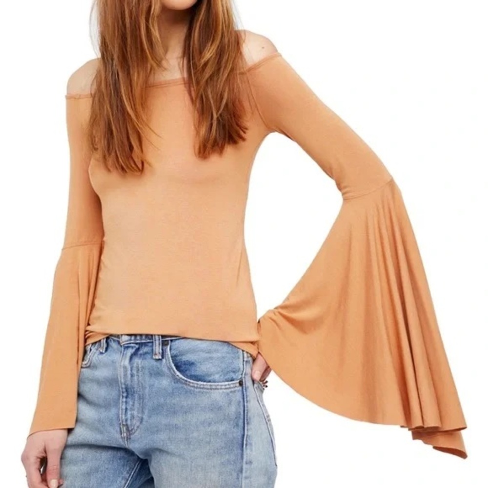 FP Birds of Paradise Bell Sleeve Elegant Tan Off-Shoulder Top